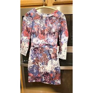 HM Womens Abstract Floral Watercolor Sheath Dress 3/4 Sleeve‎ Purple Pink Multi